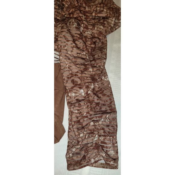 Multiples Tunic Top COPPER BROWN Ruched Sleeves Embellished Part Sheer PLUS 2X - Picture 14 of 16